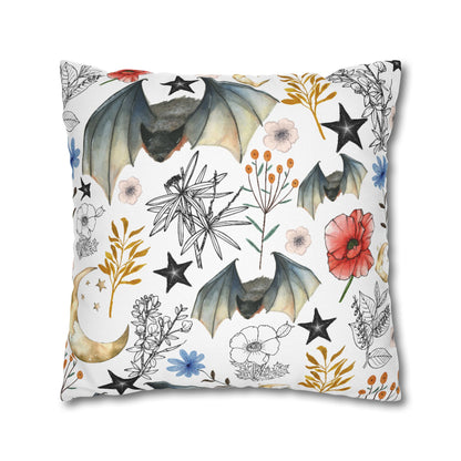 Botanical Night Bat Pillowcase — Floral Moon & Stars Throw Pillow Cover