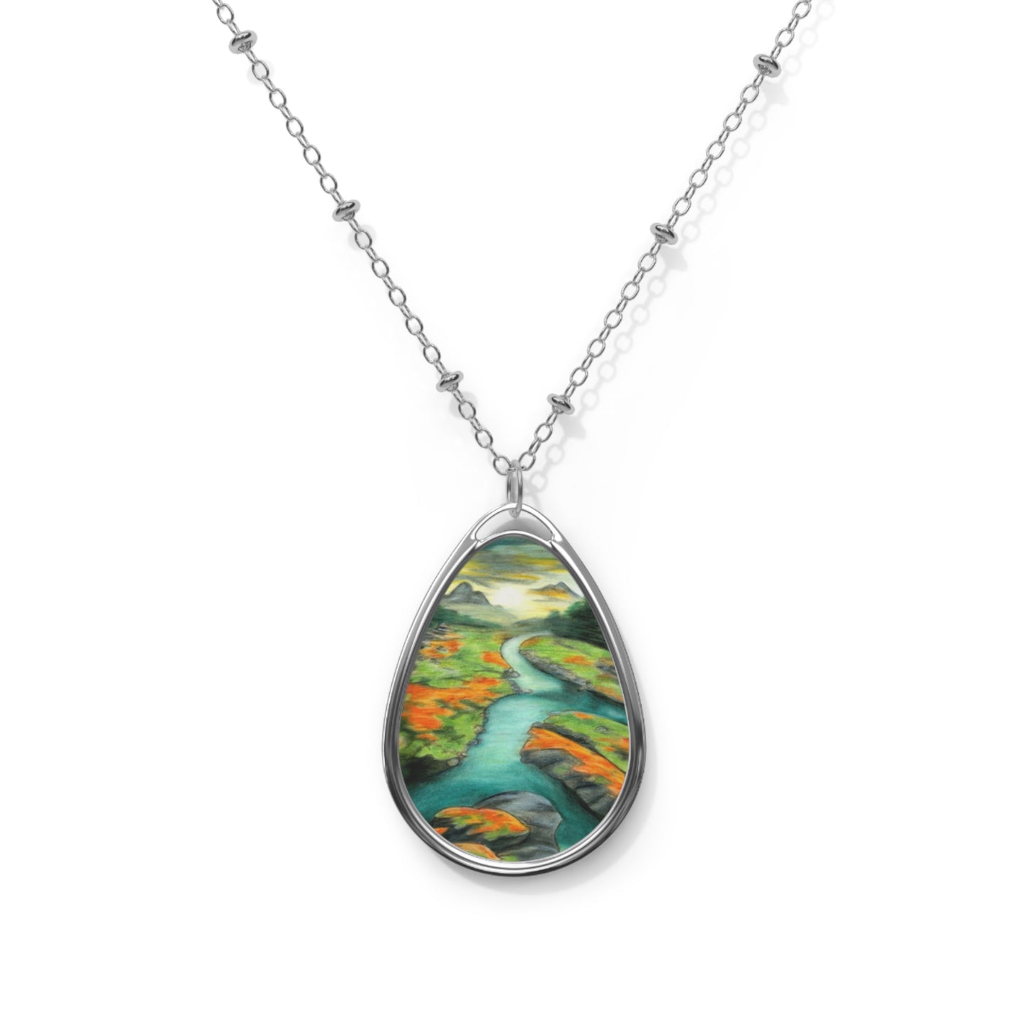 Silver Oval Pendant Necklace with Hand-painted Boho Winding River Nature Art