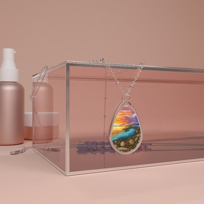 Silver Oval Pendant Necklace with Hand-painted Sunset Ocean Nature Art