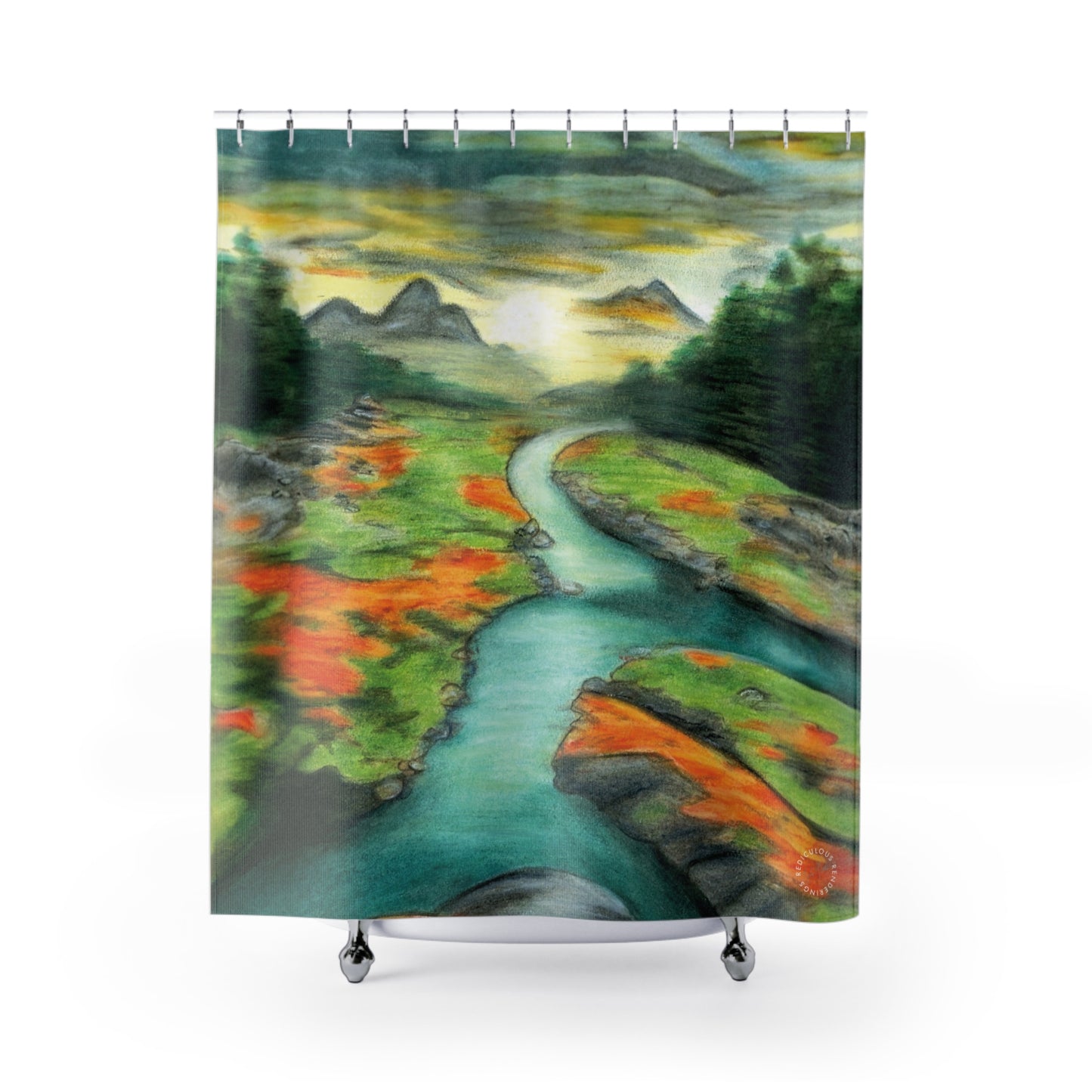 Landscape Shower Curtain — Serene River Valley Nature Scene