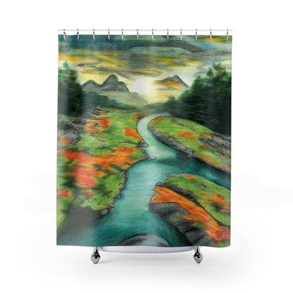Landscape Shower Curtain — Serene River Valley Nature Scene