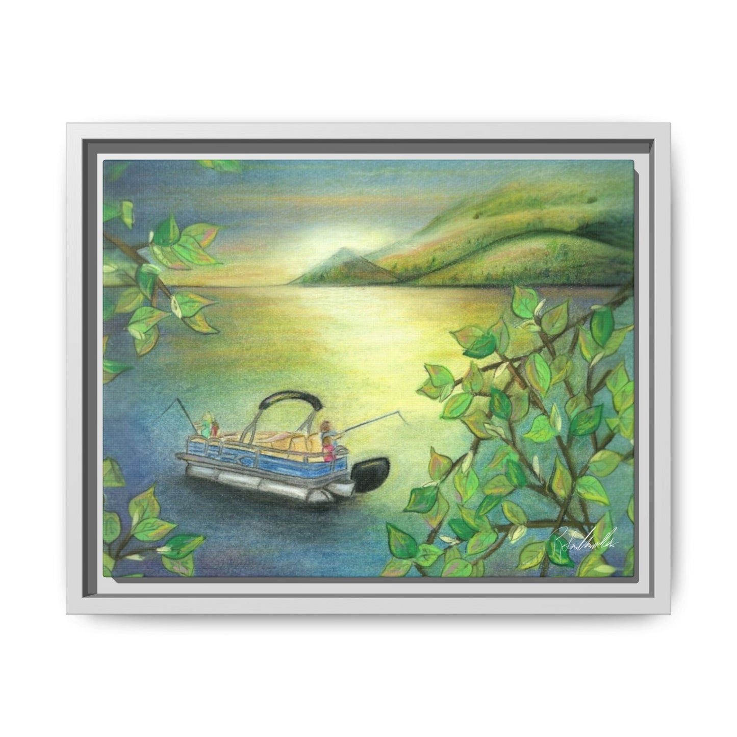 Pontoon Boat on Lake Framed Wall Art