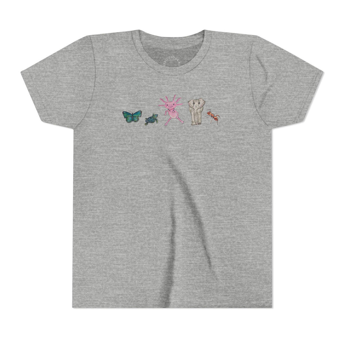 Youth Tee — Whimsical Critters (butterfly, ant, axolotl, elephant)