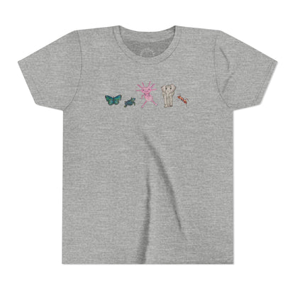 Youth Tee — Whimsical Critters (butterfly, ant, axolotl, elephant)