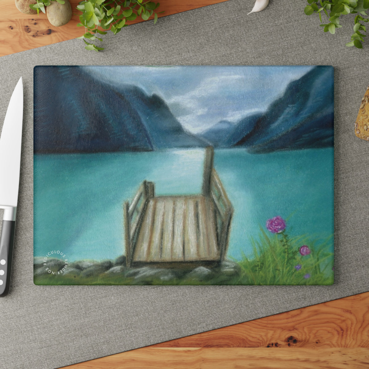 Glass Cutting Board — Serene Lake Dock Scenic Kitchen Glass Chopping Board