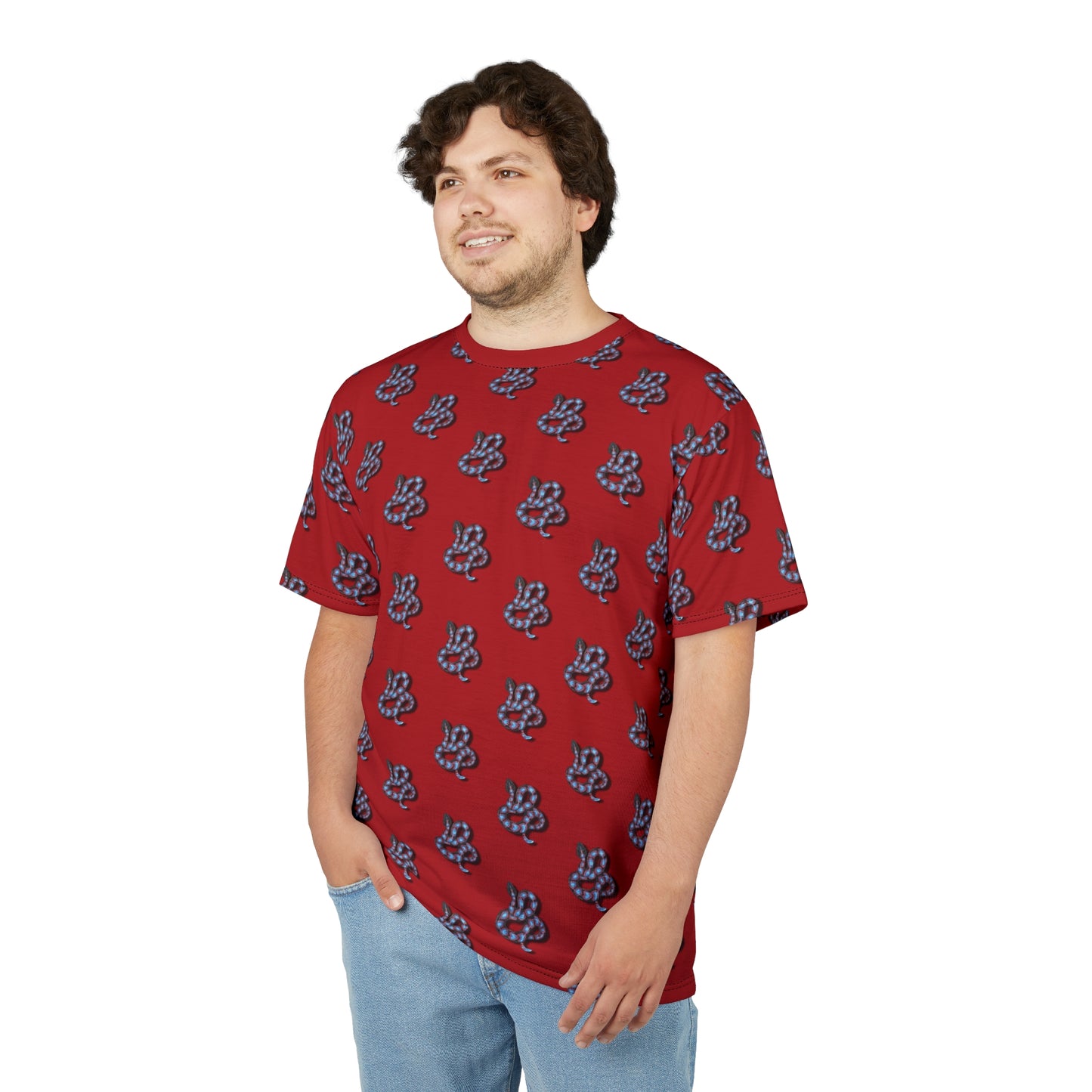 Red Snake Pattern T-Shirt — All-Over Print Casual Tee