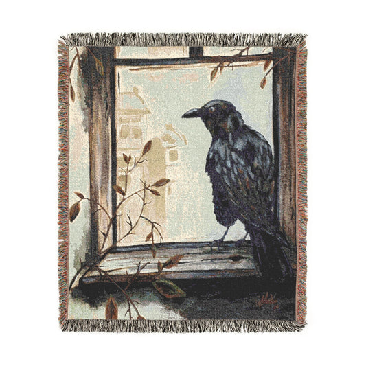 Raven in Window Woven Blanket — Cozy Cottagecore Throw with Colorful Fringes