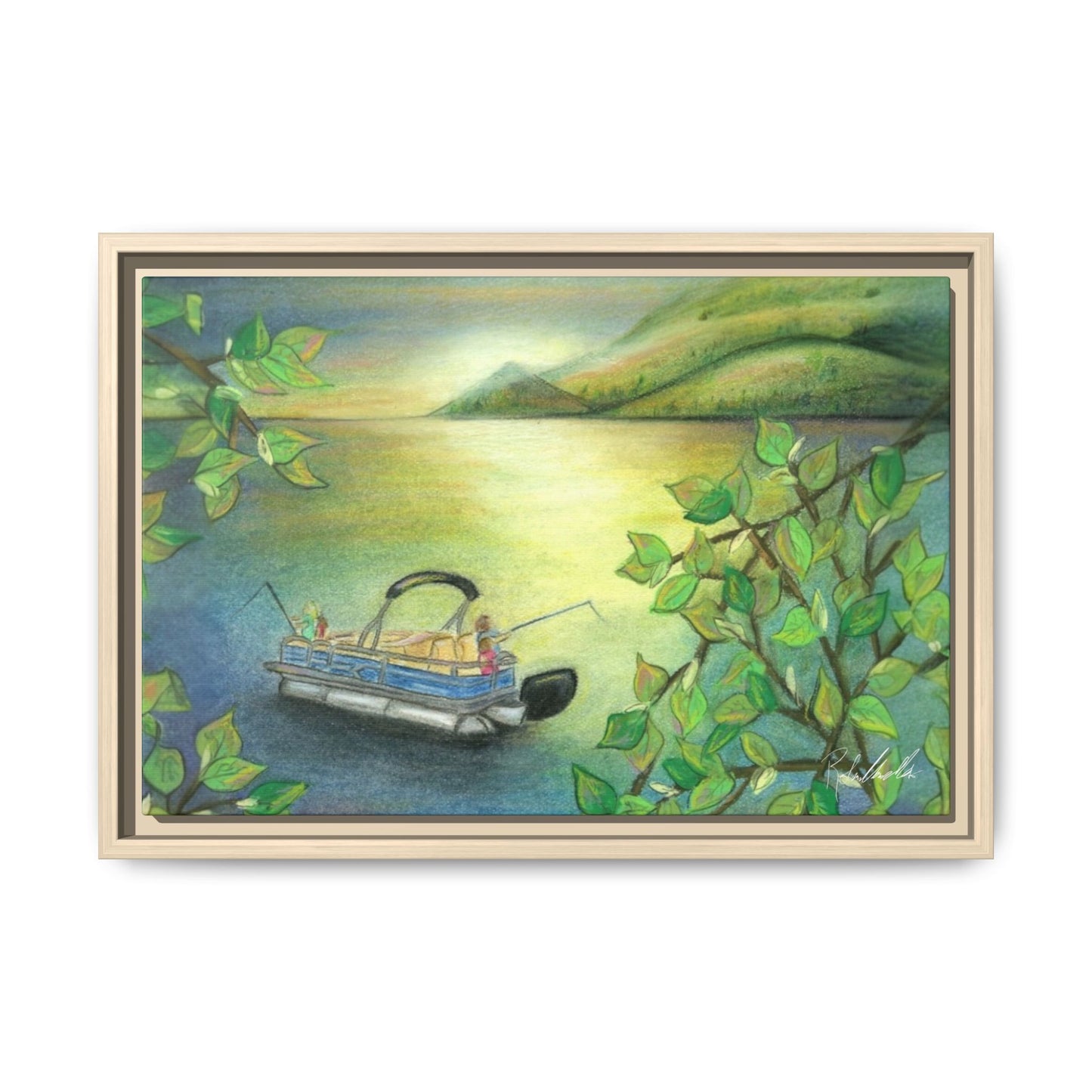 Pontoon Boat on Lake Framed Wall Art