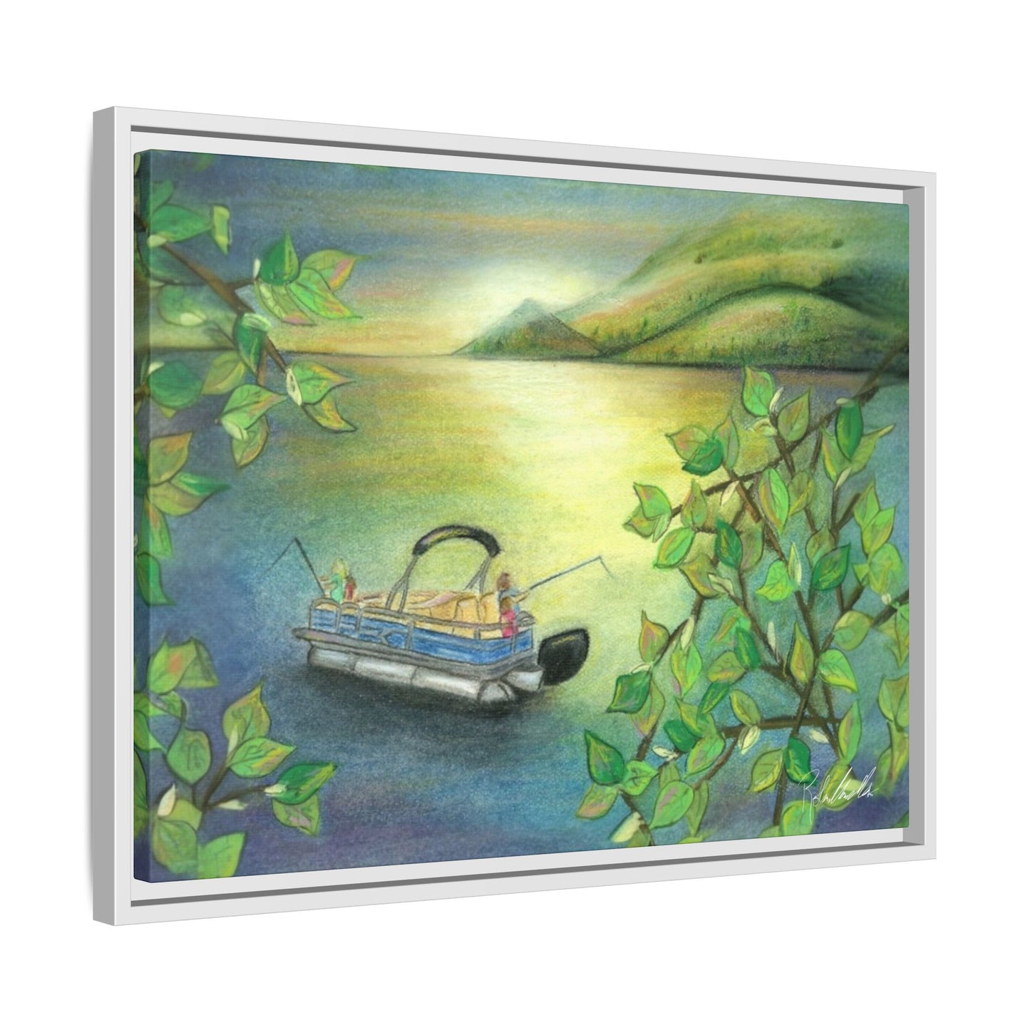 Pontoon Boat on Lake Framed Wall Art