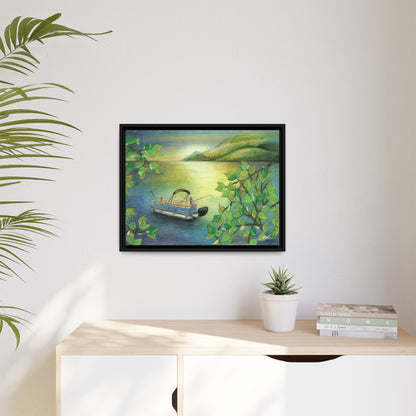 Pontoon Boat on Lake Framed Wall Art