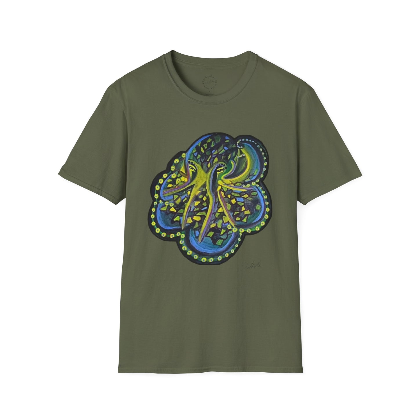 Green Geo octopus Unisex Softstyle Print T-Shirt