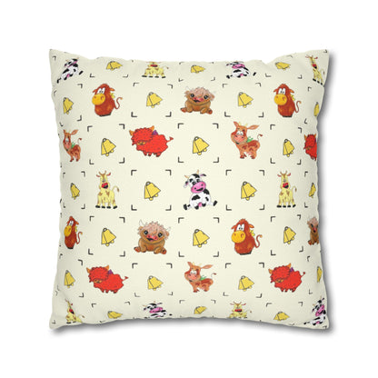 Cute Farm Animal Pattern Square Pillowcase – Whimsical Chick, Pig & Cow Throw Pillow Cover