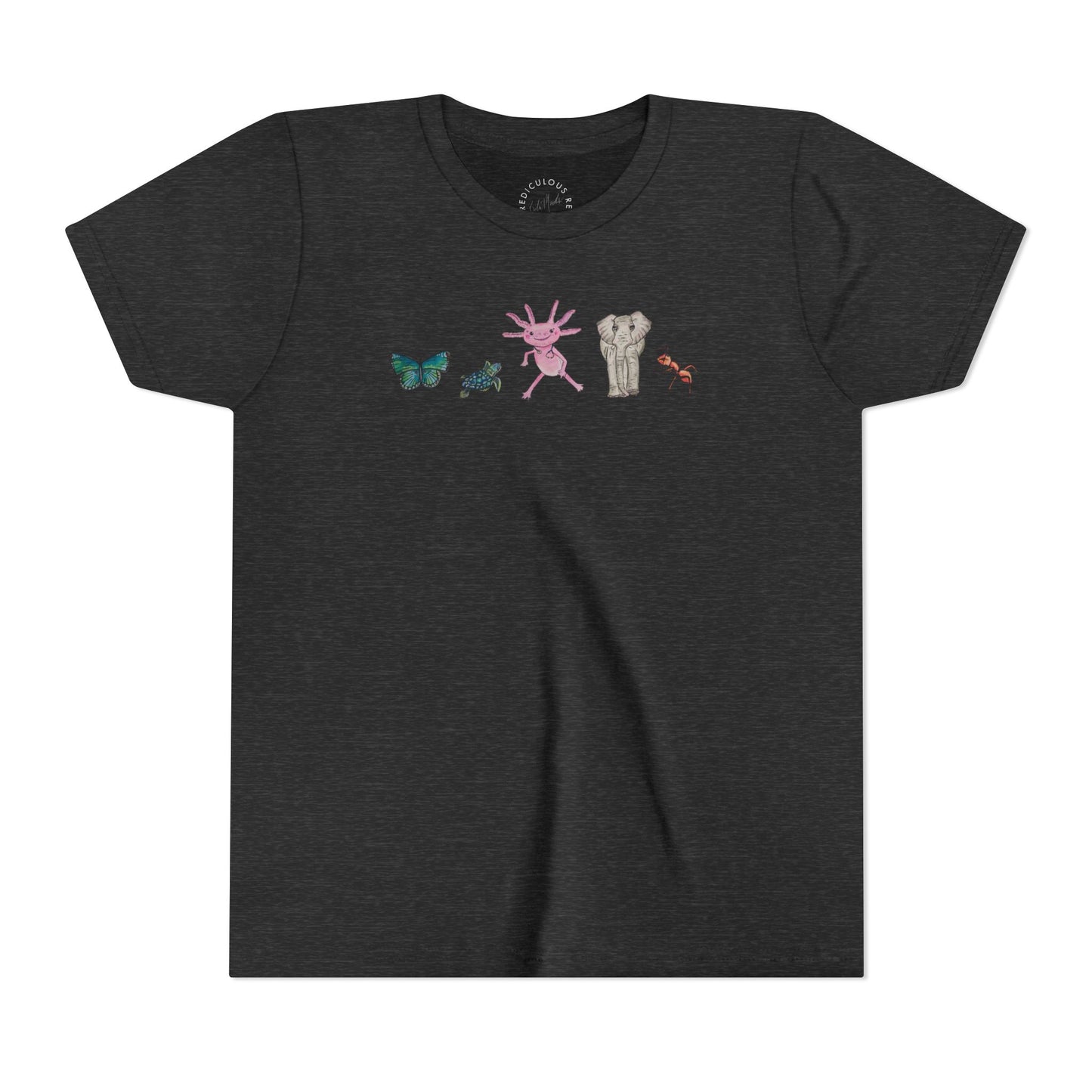 Youth Tee — Whimsical Critters (butterfly, ant, axolotl, elephant)