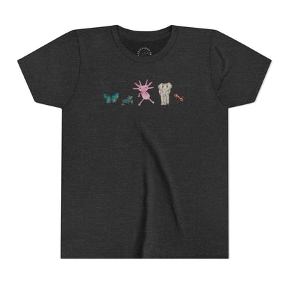 Youth Tee — Whimsical Critters (butterfly, ant, axolotl, elephant)