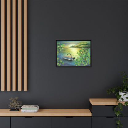 Pontoon Boat on Lake Framed Wall Art