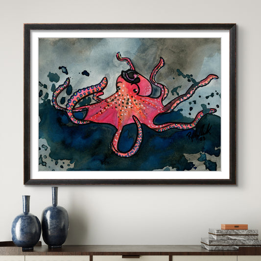 Red Octopus with Fedora Hat 8x10 Museum Grade Fine Art Print