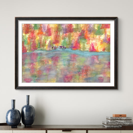 Fall Forest by Lake Watercolor 8x10 Museum Grade Fine Art Print