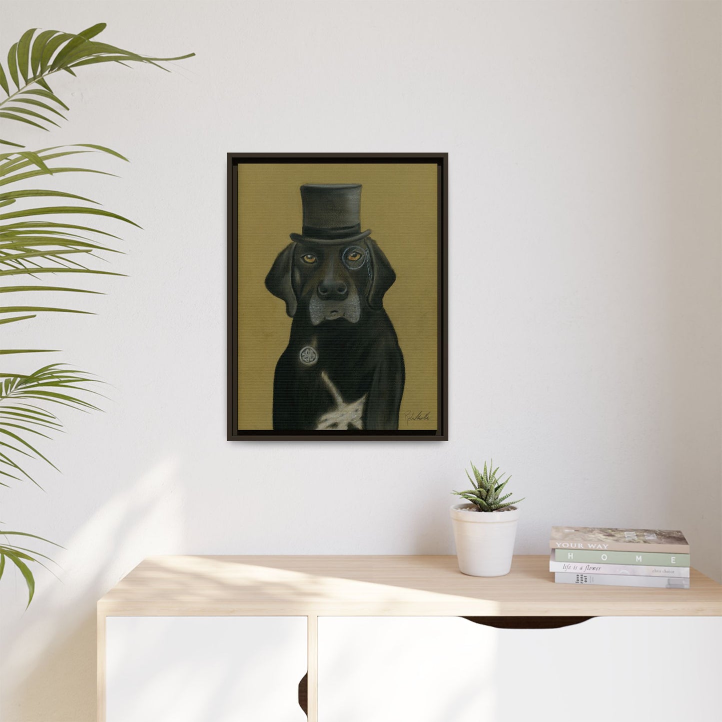 Black Lab Dog in Top Hat Framed Wall Art