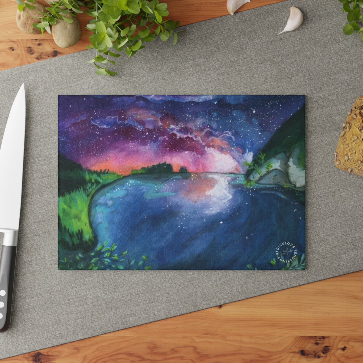 Glass Cutting Board - Aurora Lake Nightscape Art