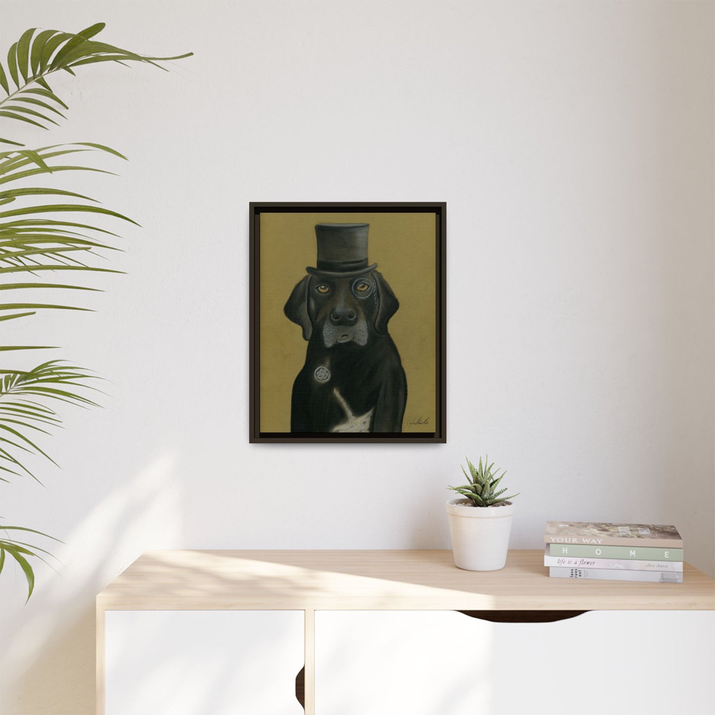 Black Lab Dog in Top Hat Framed Wall Art