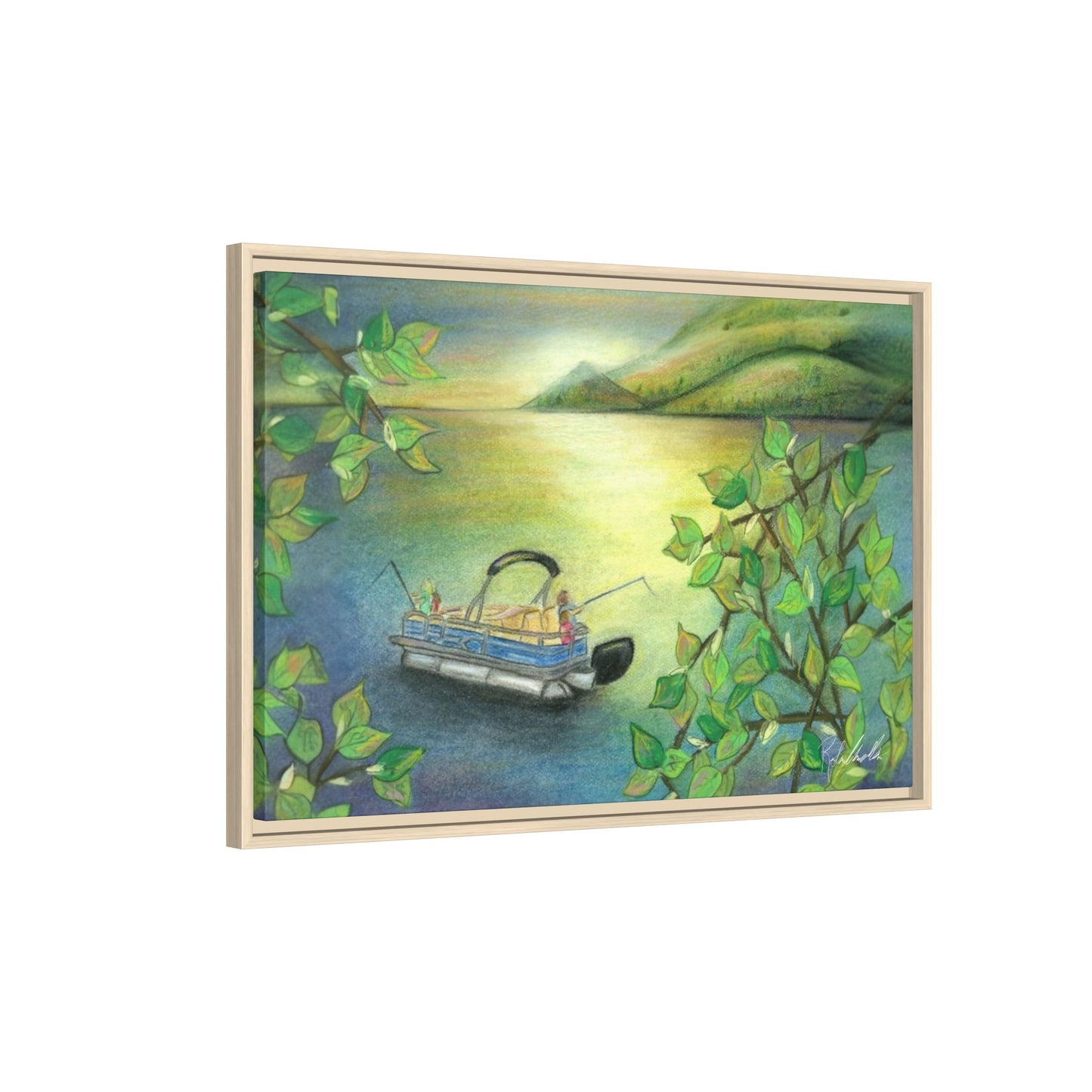 Pontoon Boat on Lake Framed Wall Art