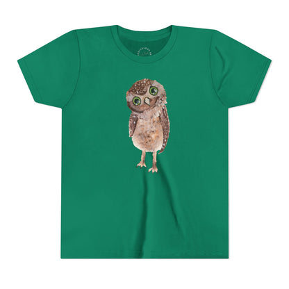 Kids Owl Watercolor Tee - Cute Woodland Bird Youth Short Sleeve Shirt