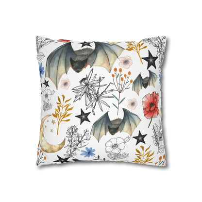 Botanical Night Bat Pillowcase — Floral Moon & Stars Throw Pillow Cover