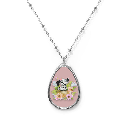 Puppy Dog and Flowers Oval Necklace