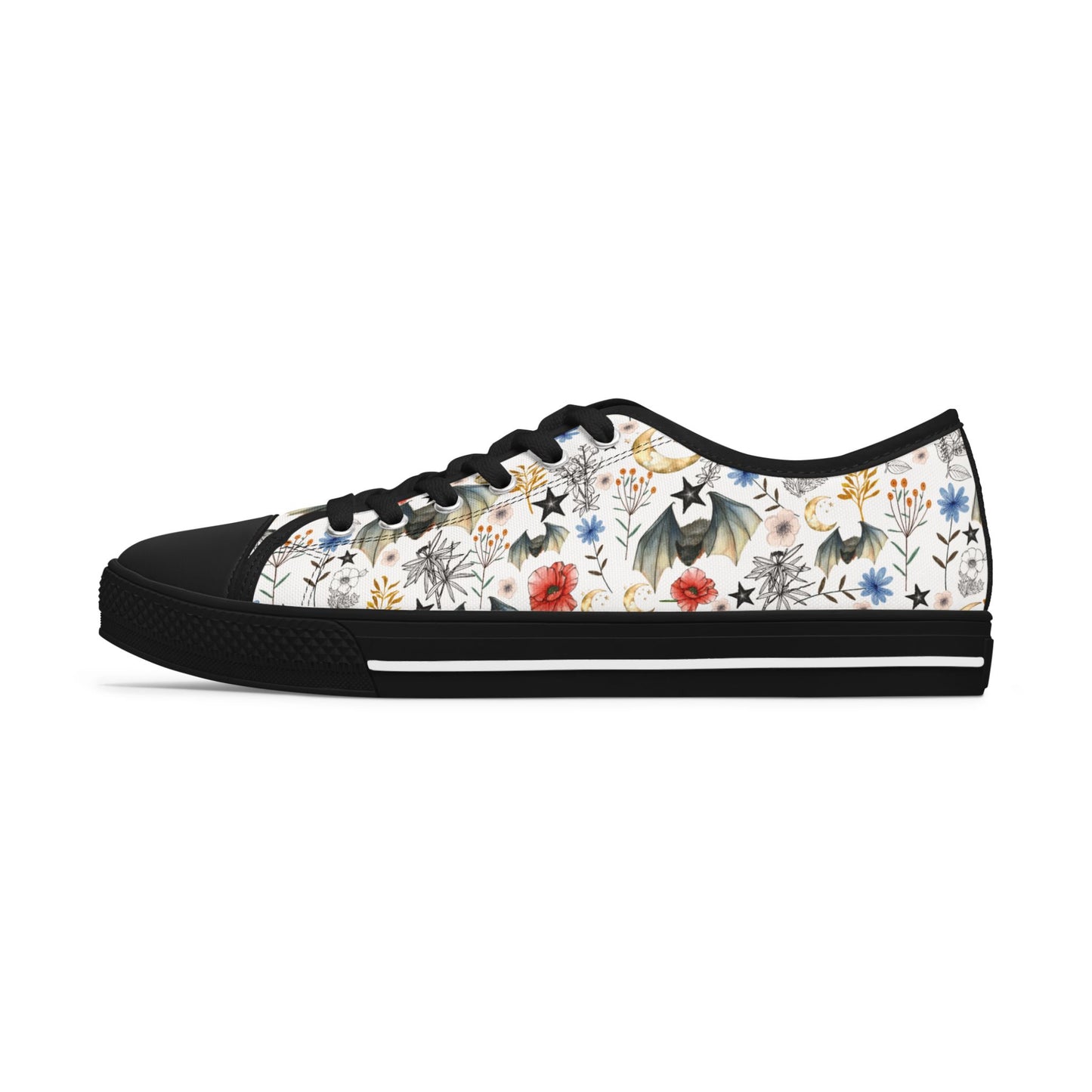 Floral Constellation Bat Low-Top Sneakers — Women's Casual Garden Print Shoes
