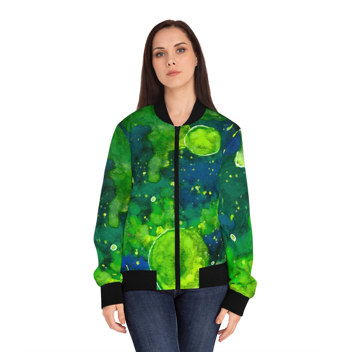 Women's Bomber Jacket — Green Nebula AOP Abstract Watercolor Print