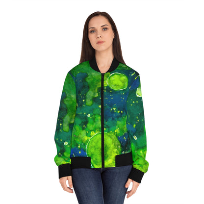 Women's Bomber Jacket — Green Nebula AOP Abstract Watercolor Print