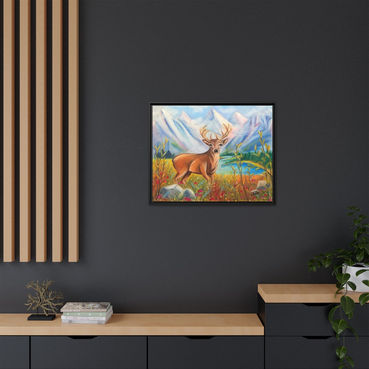 Framed Canvas Wall Art — Majestic Deer in Mountain Meadow