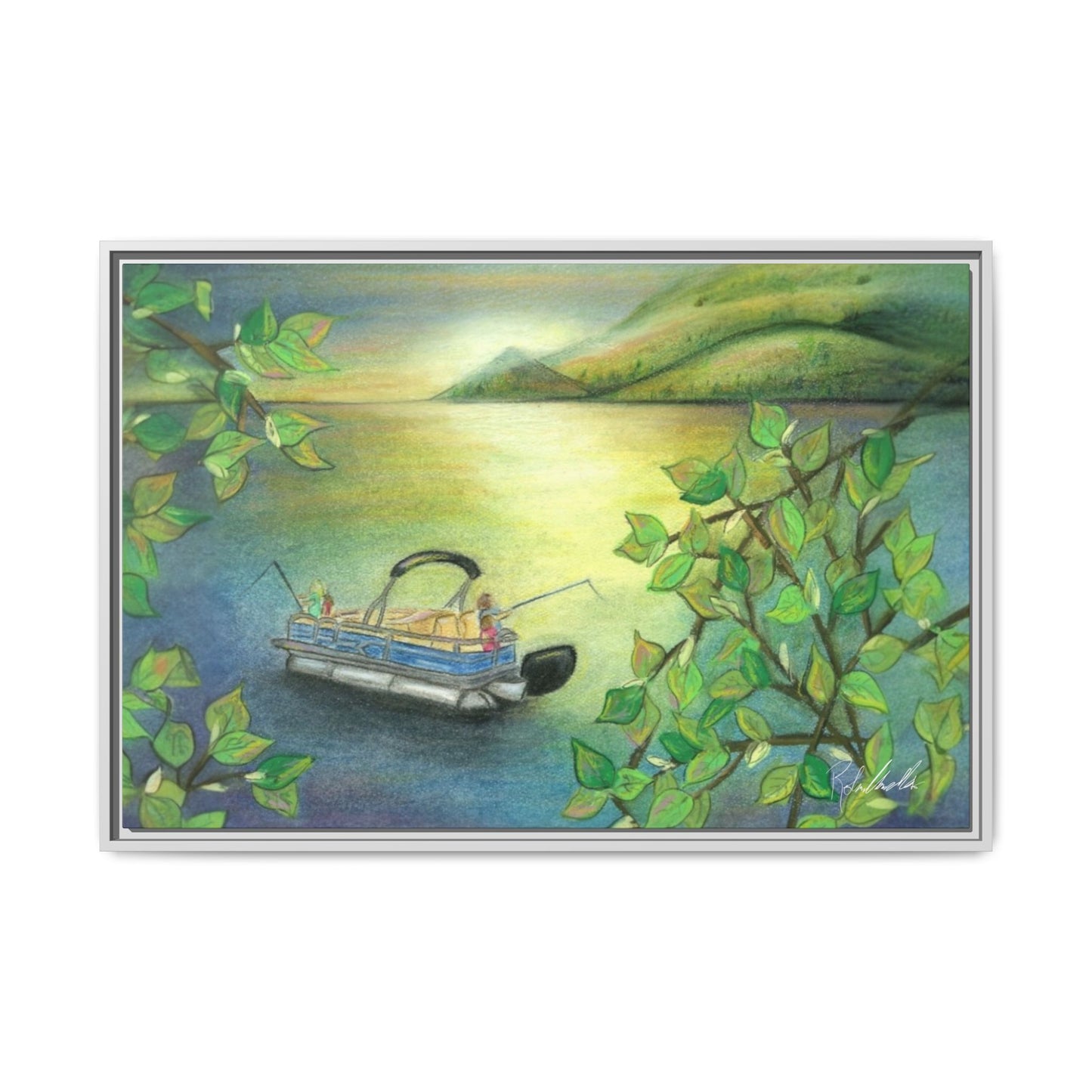 Pontoon Boat on Lake Framed Wall Art