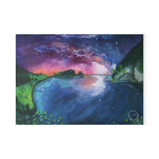 Glass Cutting Board - Aurora Lake Nightscape Art
