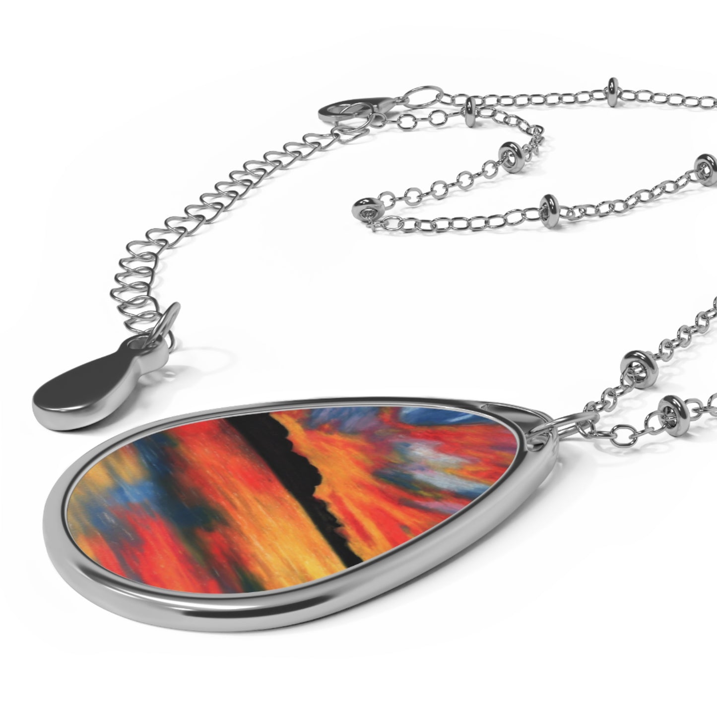 Silver Oval Pendant Necklace with Hand-painted Boho Sunset Lake Nature Art