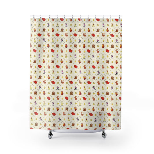 Woodland Cowbell Shower Curtain — Cute Farm Animals & Cow Bells Bathroom Decor