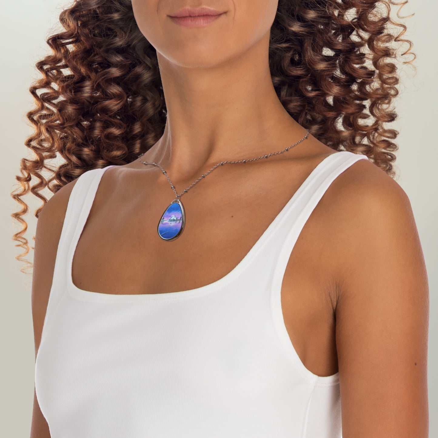 Silver Oval Pendant Necklace with Hand-painted Purple Mountain Nature Art