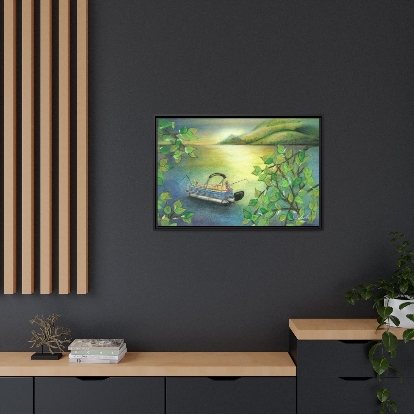 Pontoon Boat on Lake Framed Wall Art