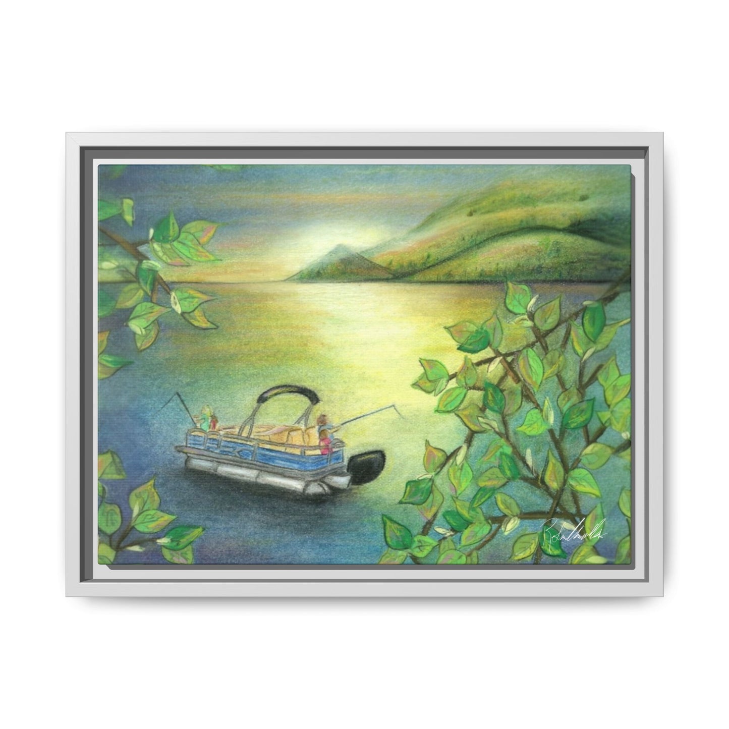 Pontoon Boat on Lake Framed Wall Art