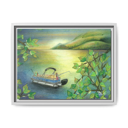 Pontoon Boat on Lake Framed Wall Art