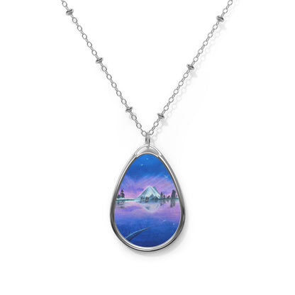 Silver Oval Pendant Necklace with Hand-painted Purple Mountain Nature Art