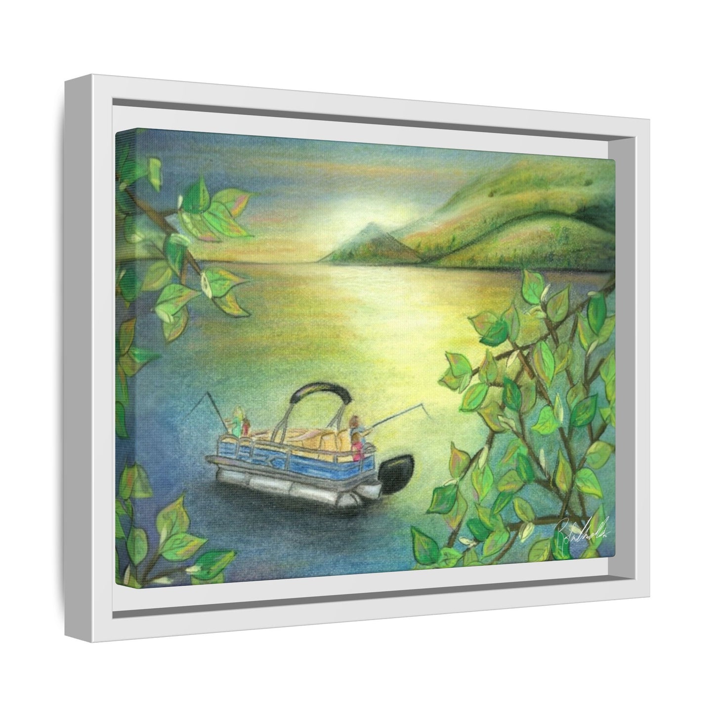 Pontoon Boat on Lake Framed Wall Art