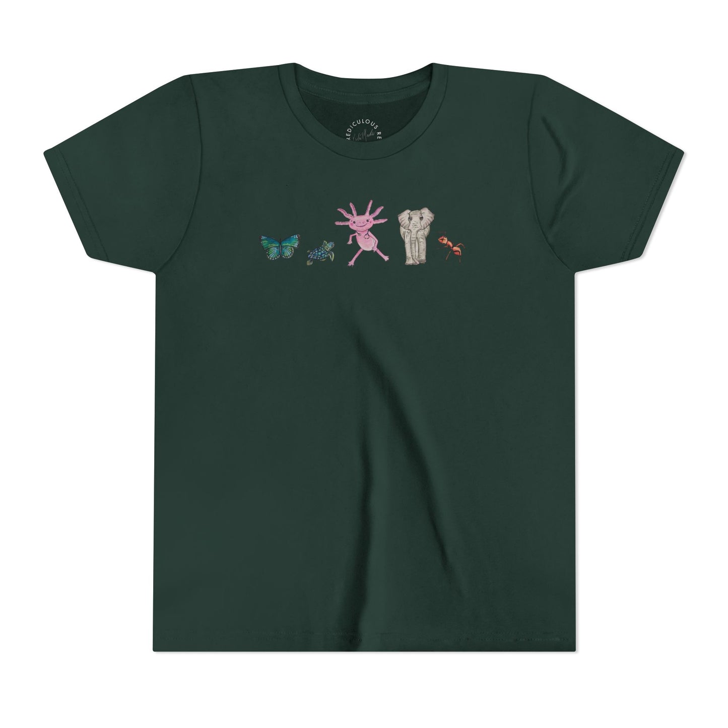 Youth Tee — Whimsical Critters (butterfly, ant, axolotl, elephant)