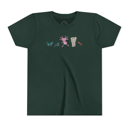 Youth Tee — Whimsical Critters (butterfly, ant, axolotl, elephant)