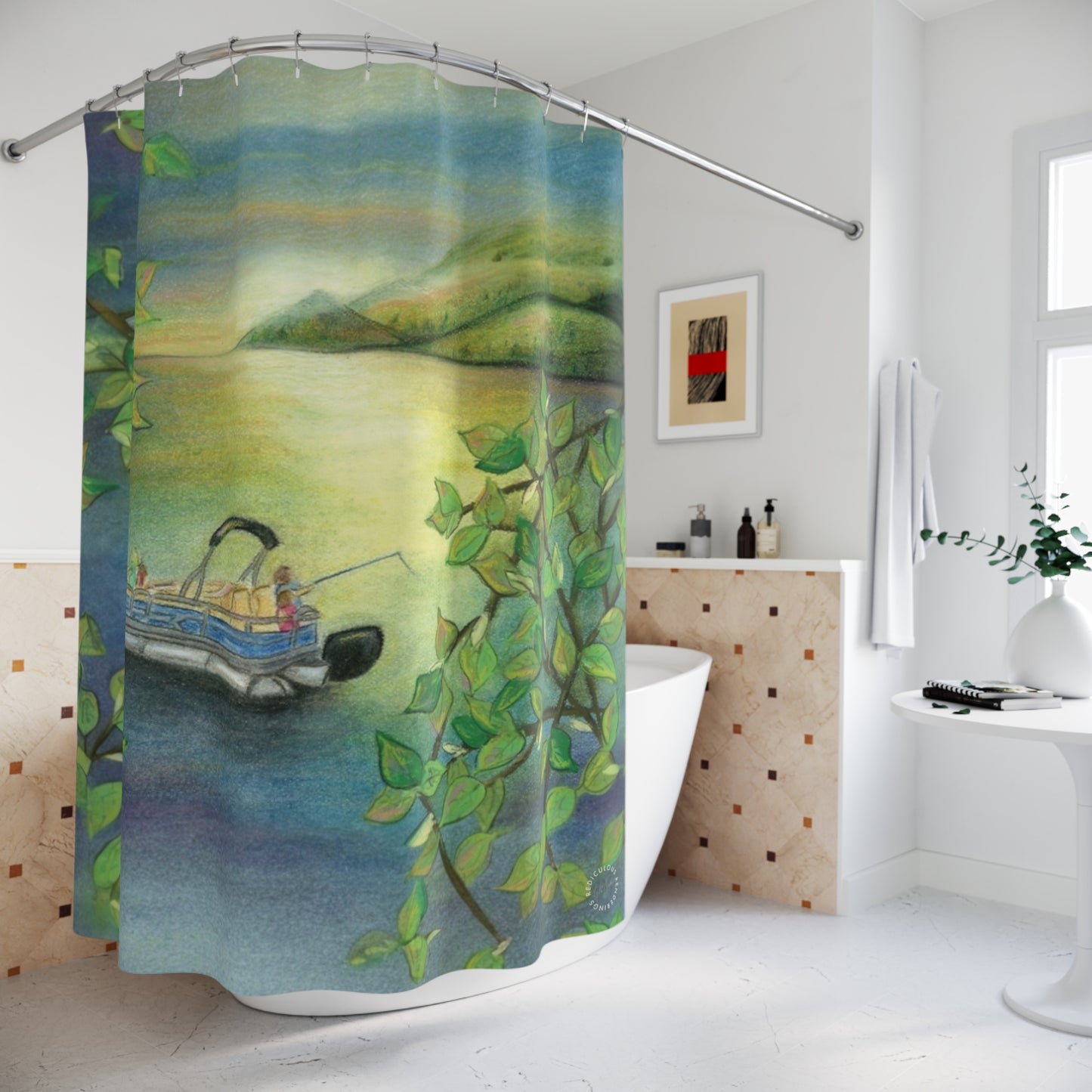 Lakefront Boat Shower Curtain — Peaceful Green Lake Scene Bathroom Decor