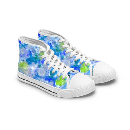 Women's High Top Sneakers — Blue Green Watercolor Floral Pattern