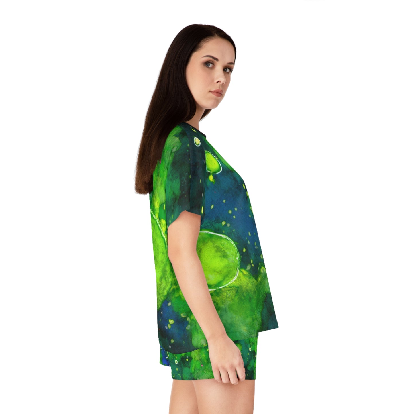 Green Watercolor Galaxy Pajama Set - Women's Short Sleepwear
