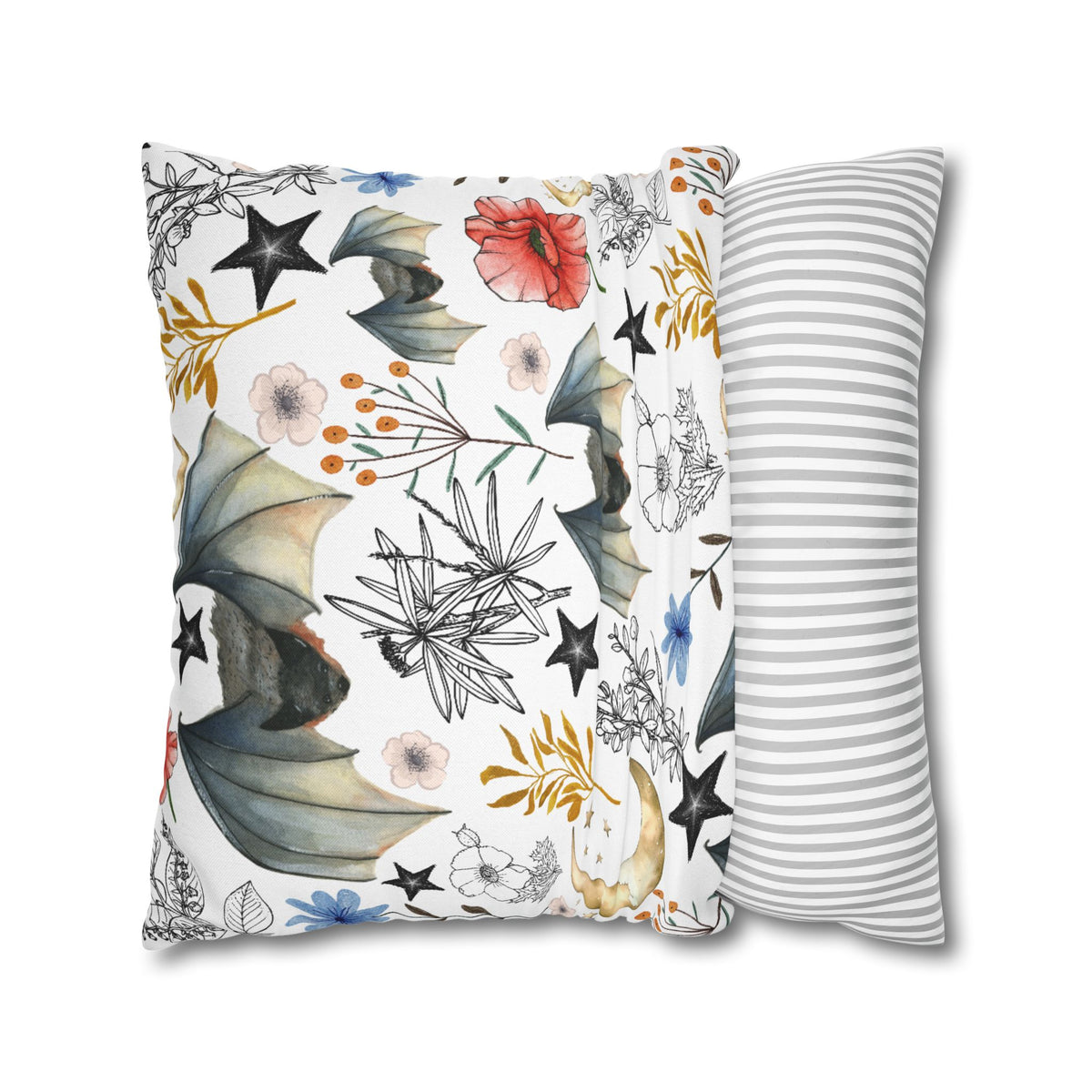 Botanical Night Bat Pillowcase — Floral Moon & Stars Throw Pillow Cover