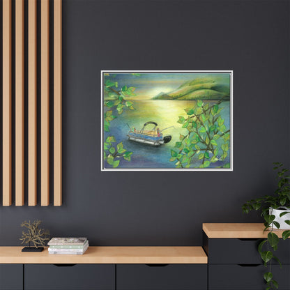 Pontoon Boat on Lake Framed Wall Art