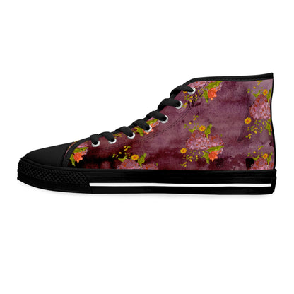 Floral Burgundy High Top Sneakers — Women's Artistic Rose Pattern